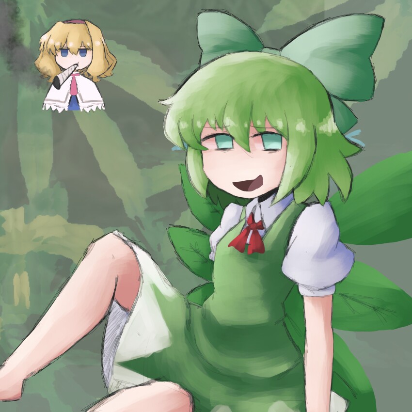 2girls absurdres alice_margatroid alternate_color bad_id bad_twitter_id blonde_hair blue_eyes bow bowtie cirno collared_shirt commentary dress english_commentary green_bow green_dress green_eyes green_hair green_wings hair_between_eyes hapa_cirno highres iesonatana looking_at_viewer marijuana multiple_girls no_pupils open_mouth red_bow red_bowtie shirt short_hair sitting smile smoking touhou white_shirt wings