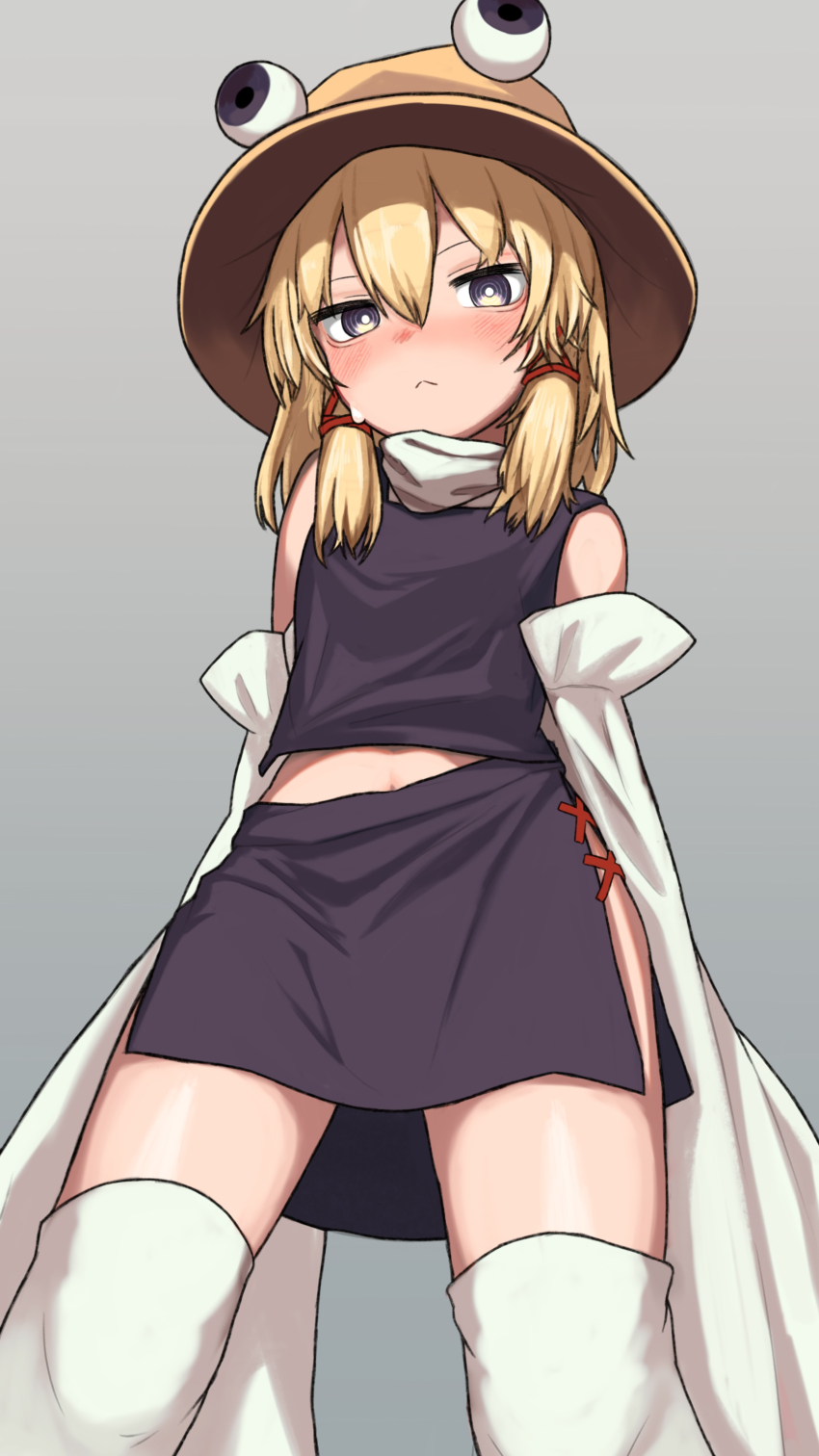1girl :&lt; absurdres bare_shoulders blonde_hair blue_eyes blush bright_pupils detached_sleeves googly_eyes grey_background hat highres medium_hair moriya_suwako navel neritch purple_skirt purple_vest ringed_eyes side_slit simple_background skirt sleeves_past_wrists solo sweatdrop thighhighs touhou vest white_pupils white_thighhighs