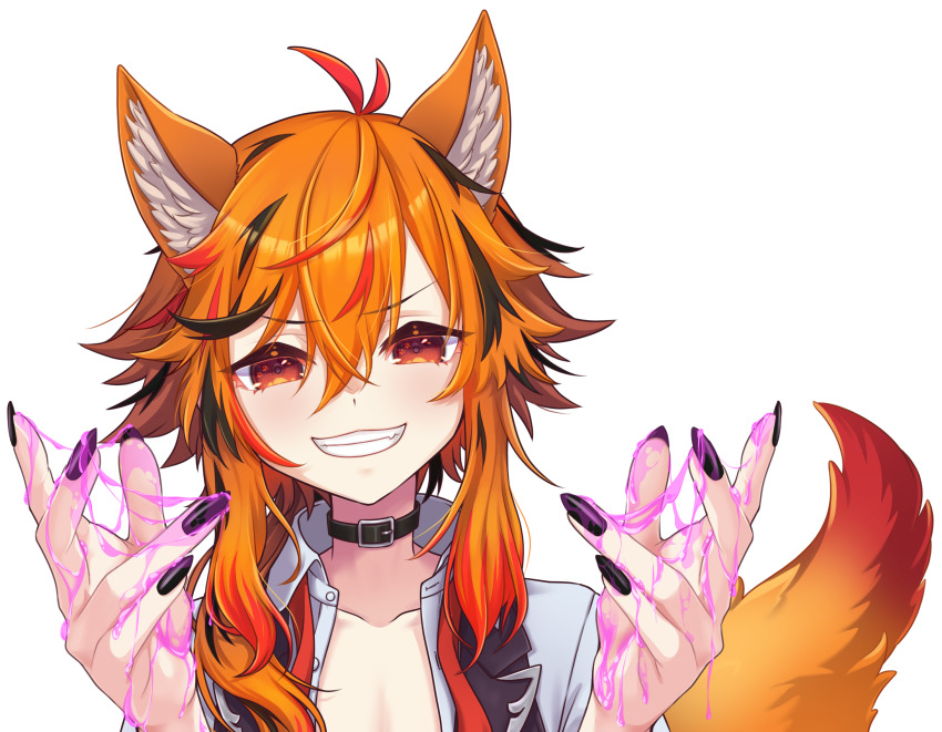 1girl animal_ears belt belt_collar black_belt black_hair black_nails black_vest collar collarbone fingernails fox_ears fox_girl fox_tail grin hair_between_eyes highres kazami_kuku kemonomimi_mode large_variant_set long_bangs long_hair looking_at_viewer multicolored_hair nail_polish nanashi_inc. open_clothes open_shirt open_vest orange_eyes orange_hair red_hair reona_kfc02 shirt simple_background slime_(substance) smile solo tail transparent_background upper_body v-shaped_eyebrows variant_set vest virtual_youtuber white_shirt