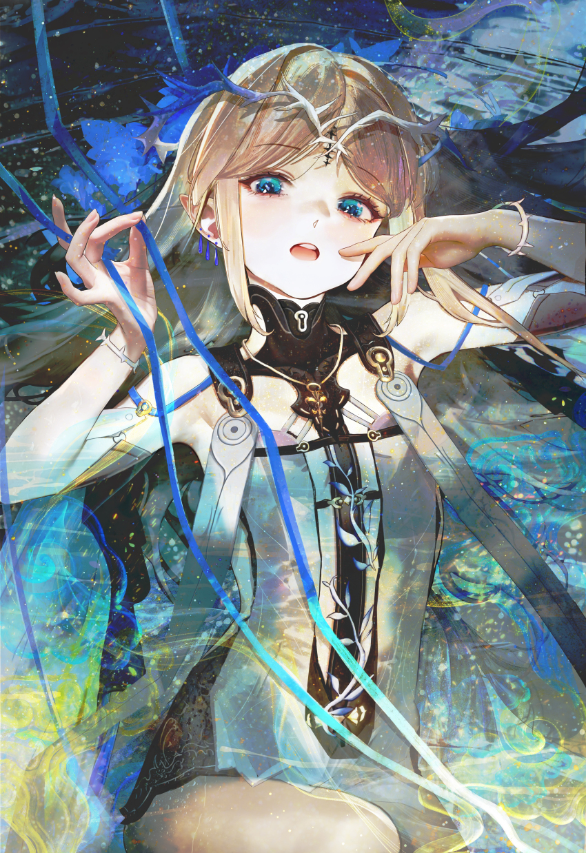 1girl absurdres armpits bare_shoulders black_collar blonde_hair blue_eyes cartethyia_(wuthering_waves) chinese_commentary closed_eyes collar commentary_request cowboy_shot dress earrings hair_ornament hands_up highres jewelry jin_sumire long_hair looking_at_viewer open_mouth pointy_ears short_dress solo tacet_mark_(wuthering_waves) white_dress wuthering_waves