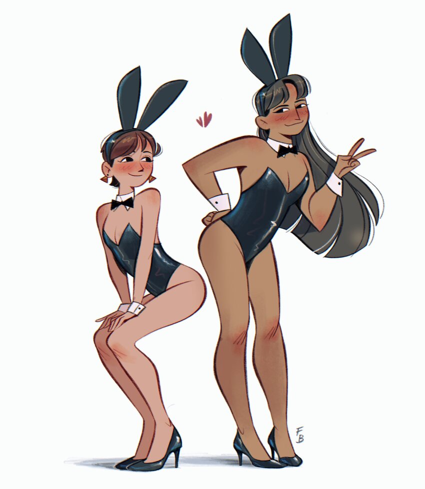 2girls animal_ears bare_shoulders black_bow black_bowtie black_footwear black_hair black_leotard blush bow bowtie brown_hair commentary dark-skinned_female dark_skin detached_collar earrings english_commentary fake_animal_ears friedbaens full_body hairband hand_on_back hands_on_own_knees heart high_heels highres jewelry leotard long_hair looking_at_another looking_at_viewer multiple_girls original playboy_bunny short_hair signature simple_background smile standing strapless strapless_leotard triangle_earrings v white_background wrist_cuffs