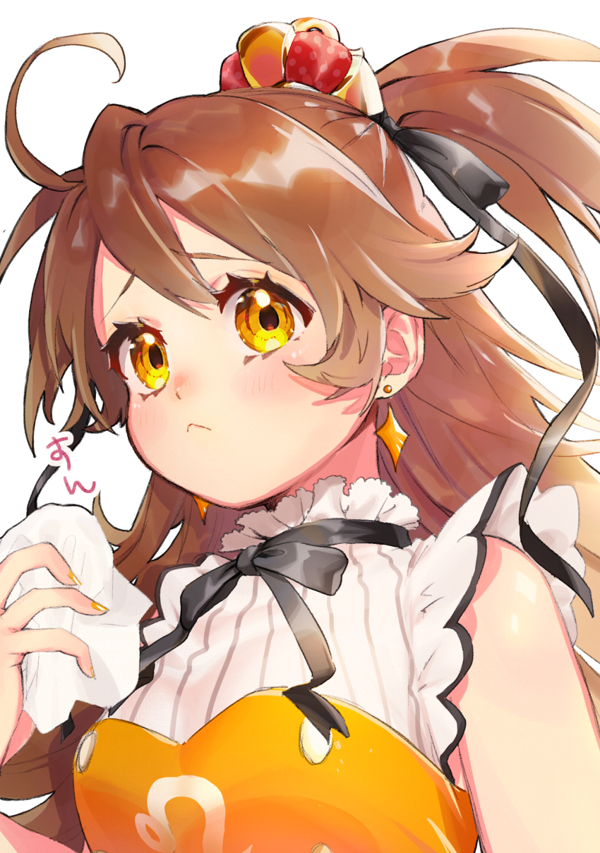 1girl ahoge blush breasts brown_hair closed_mouth crown earrings from_behind highres holding_tissue idenshi_hina jewelry long_hair looking_at_viewer mini_crown raised_eyebrows re:act shirt shishigami_leona sleeveless sleeveless_shirt small_breasts solo tissue two_side_up upper_body virtual_youtuber yellow_eyes