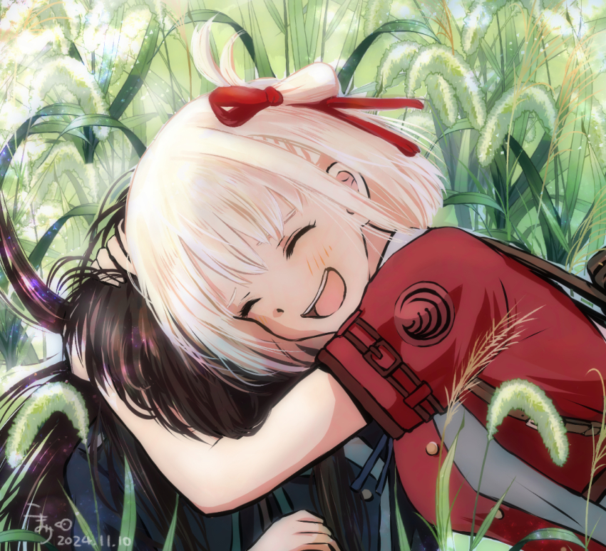 2girls blonde_hair blush brown_hair closed_eyes commentary_request dated day dress hair_ribbon hug inoue_takina komari_(komarimiru3) long_hair lycoris_recoil multiple_girls nishikigi_chisato open_mouth outdoors red_dress red_ribbon ribbon short_hair short_sleeves smile susuki_grass upper_body