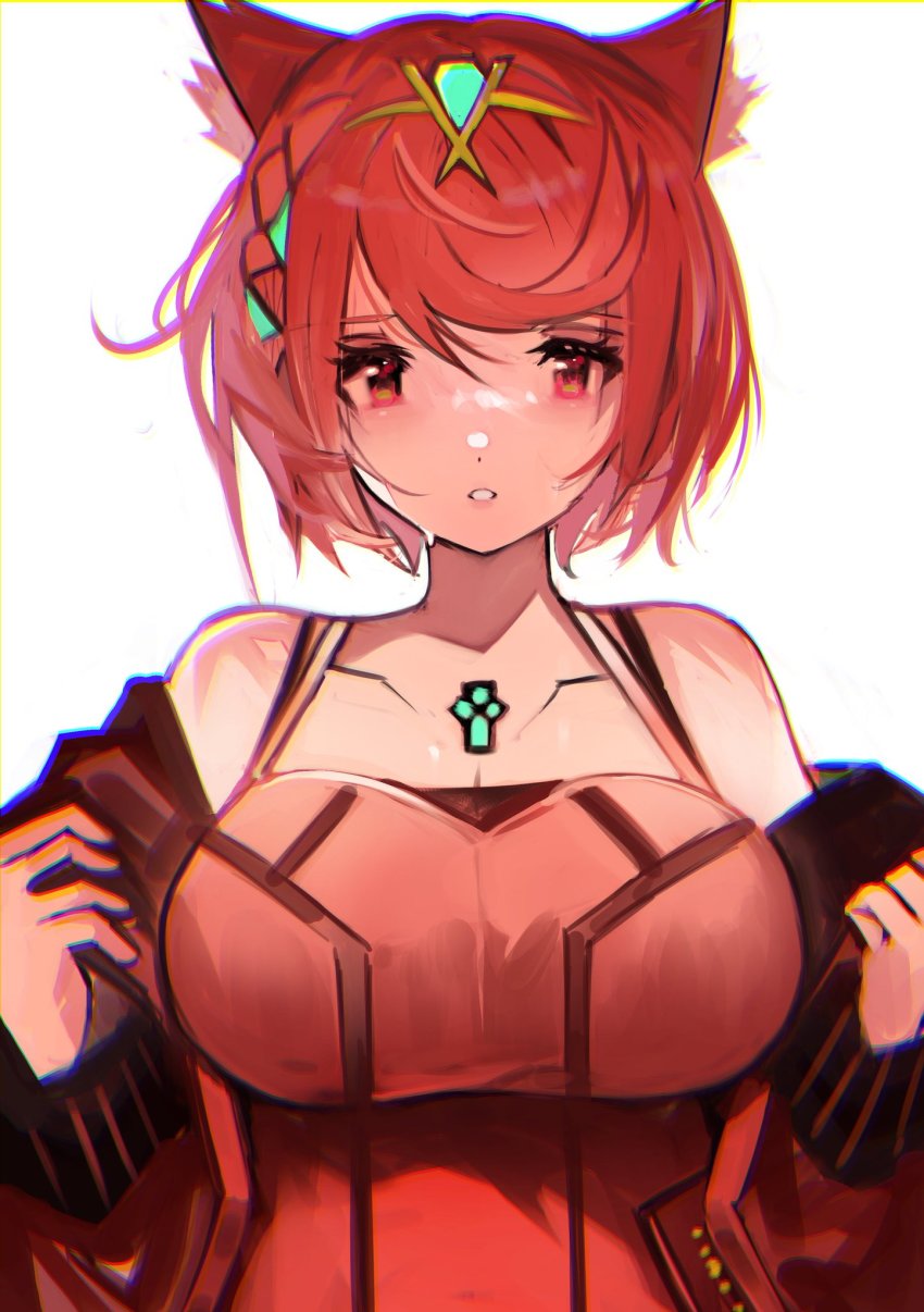 1girl alternate_costume animal_ears breasts camisole cat_ears chest_jewel cosplay highres large_breasts mio_(xenoblade) mio_(xenoblade)_(cosplay) pyra_(xenoblade) red_eyes red_hair short_hair shoulder_strap solo swept_bangs tank_top tarbo_(exxxpiation) xenoblade_chronicles_(series) xenoblade_chronicles_2 xenoblade_chronicles_3