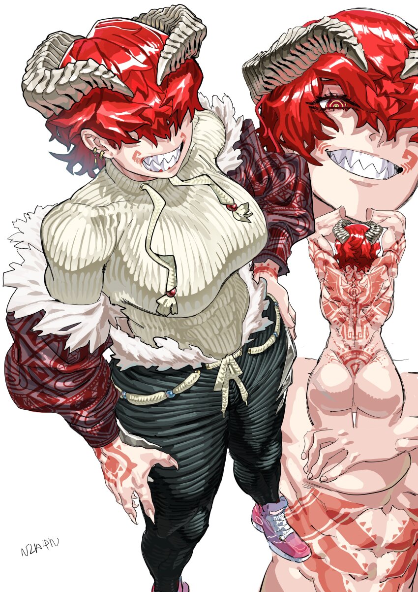 1girl abs absurdres arm_tattoo arnanra artist_name ass back back_tattoo breasts claws clothes_on_and_off commentary completely_nude covering_breasts covering_privates demon_girl demon_horns drawstring earrings facial_tattoo fingernails from_above from_behind fur-trimmed_jacket fur-trimmed_pants fur_trim gold_earrings grabbing_own_breast green_pants grin hair_over_eyes hair_over_one_eye hand_on_own_hip highres horns jacket jewelry large_breasts long_fingernails multiple_earrings multiple_views muscular muscular_female nude original pants pink_shoes red_eyes ringed_eyes scar scar_on_ass sharp_teeth shoes short_hair shoulder_tattoo signature simple_background smile sneakers stomach_tattoo sweater symbol-only_commentary tattoo teeth tramp_stamp white_background white_sweater