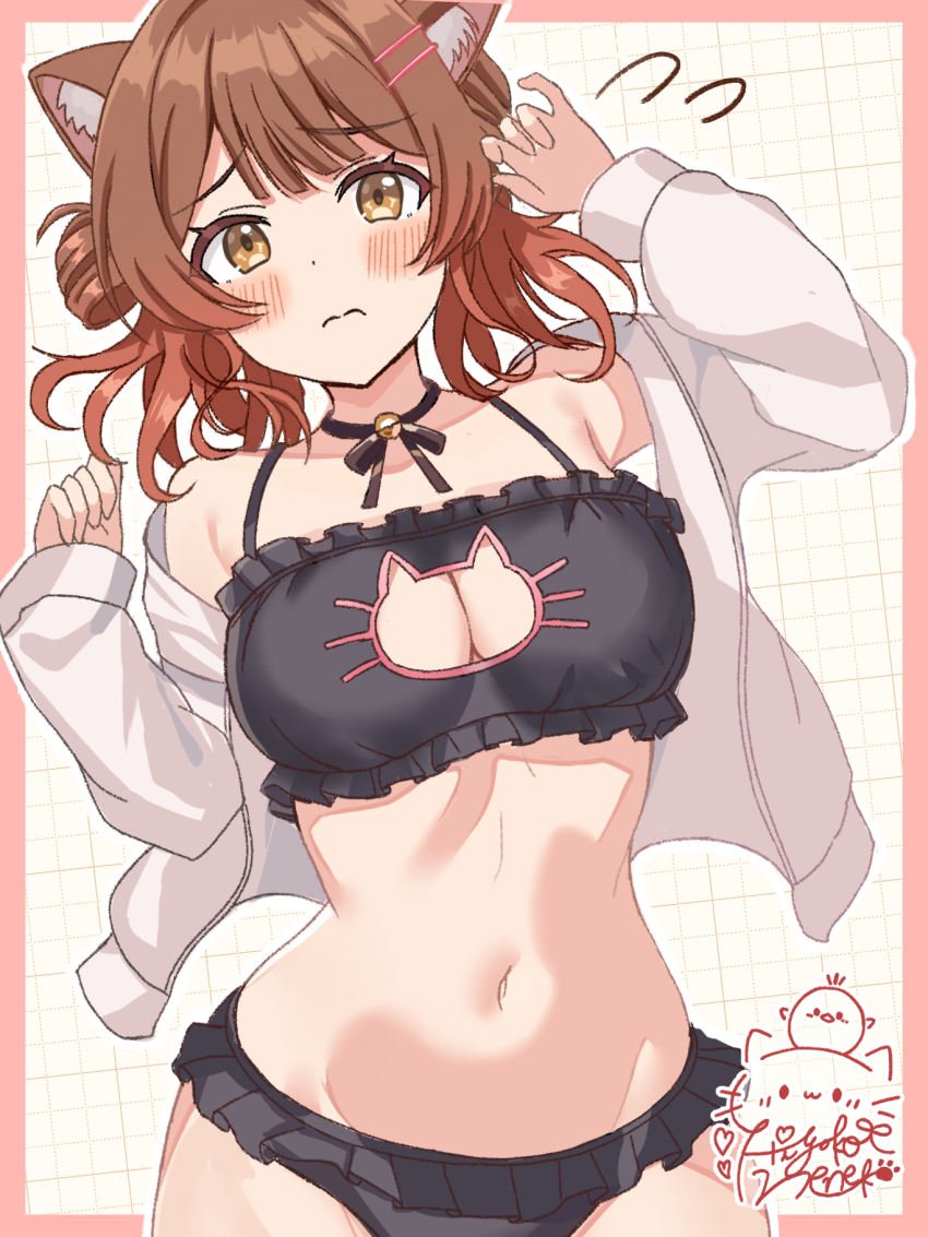 1girl 3: alternate_costume animal_ear_fluff animal_ears bare_shoulders bell black_panties black_ribbon blunt_bangs blush bra breasts brown_eyes brown_hair cat_cutout cat_ears cat_girl cat_lingerie cleavage closed_mouth clothing_cutout commentary_request cowboy_shot curvy flying_sweatdrops frilled_bra frilled_panties frills gakuen_idolmaster hair_bun hair_ornament hairclip hanami_ume hands_up highres hiyoko_neneko idolmaster jingle_bell kemonomimi_mode large_breasts lingerie medium_hair meme_attire navel neck_bell neck_ribbon open_clothes open_shirt outline panties parallel_hairclips ribbon shirt shy signature simple_background single_side_bun solo split_mouth stomach underwear white_background white_outline white_shirt