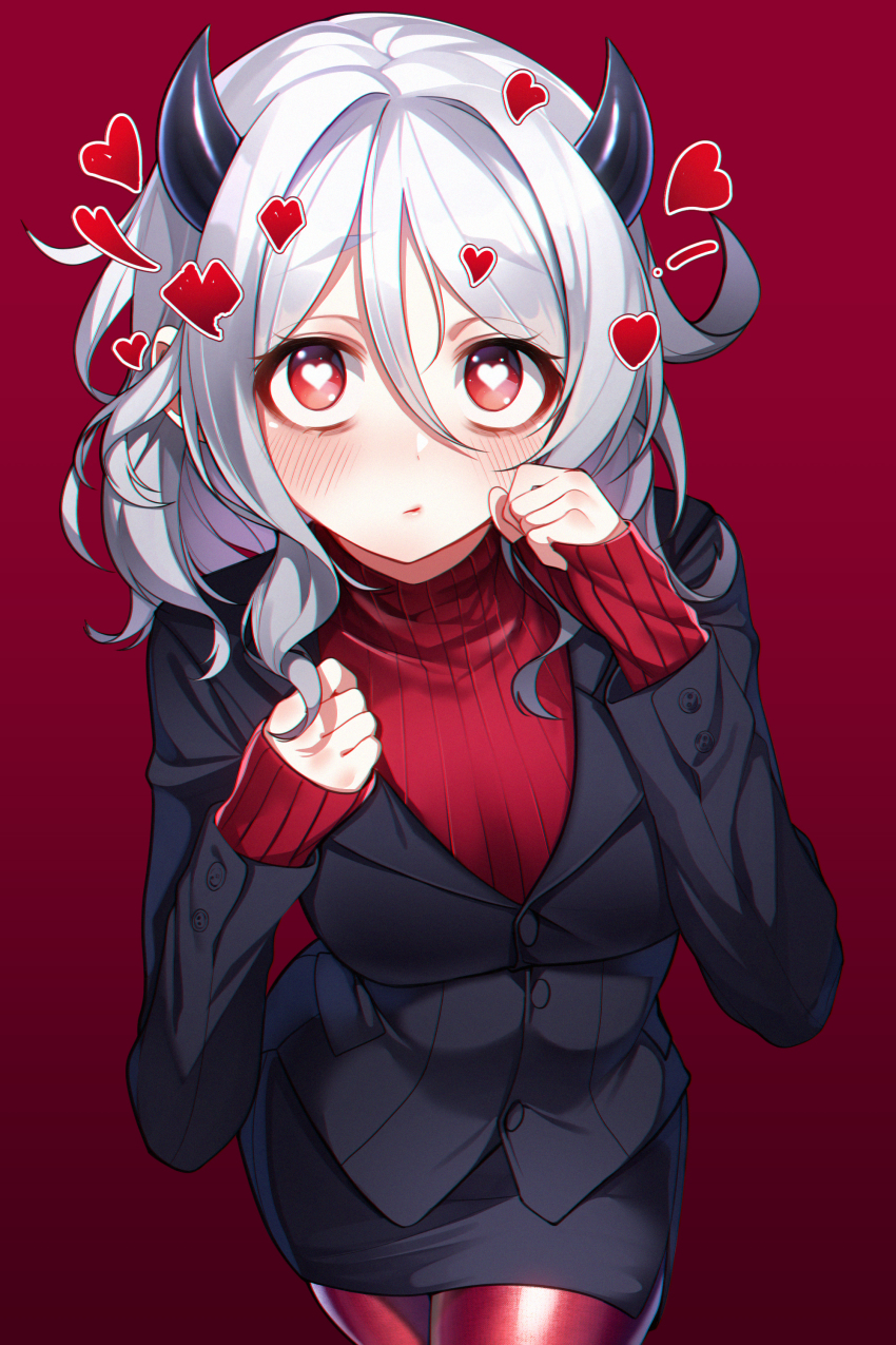 1girl absurdres black_jacket black_skirt blush breasts closed_mouth commentary demon_horns female_focus formal_clothes gradient_background hair_between_eyes hands_up heart heart-shaped_pupils helltaker highres horns jacket long_sleeves looking_at_viewer medium_breasts modeus_(helltaker) pantyhose parted_bangs pencil_skirt red_background red_eyes red_pantyhose red_sweater ribbed_sweater silver_hair skirt sleeves_past_wrists solo suit sweater symbol-shaped_pupils the_cold turtleneck turtleneck_sweater