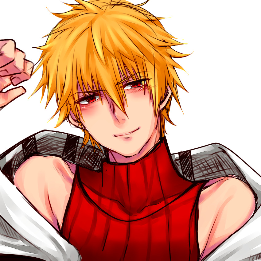 1boy absurdres blonde_hair blush closed_mouth commentary_request hair_between_eyes highres jumpsuit long_bangs long_sleeves looking_at_viewer male_focus mechanic_(ragnarok_online) official_alternate_costume open_jumpsuit ragnarok_online red_eyes red_shirt shirokuro_(erisnoa) shirt short_hair simple_background sleeveless sleeveless_shirt smile solo turtleneck turtleneck_shirt upper_body white_background white_jumpsuit