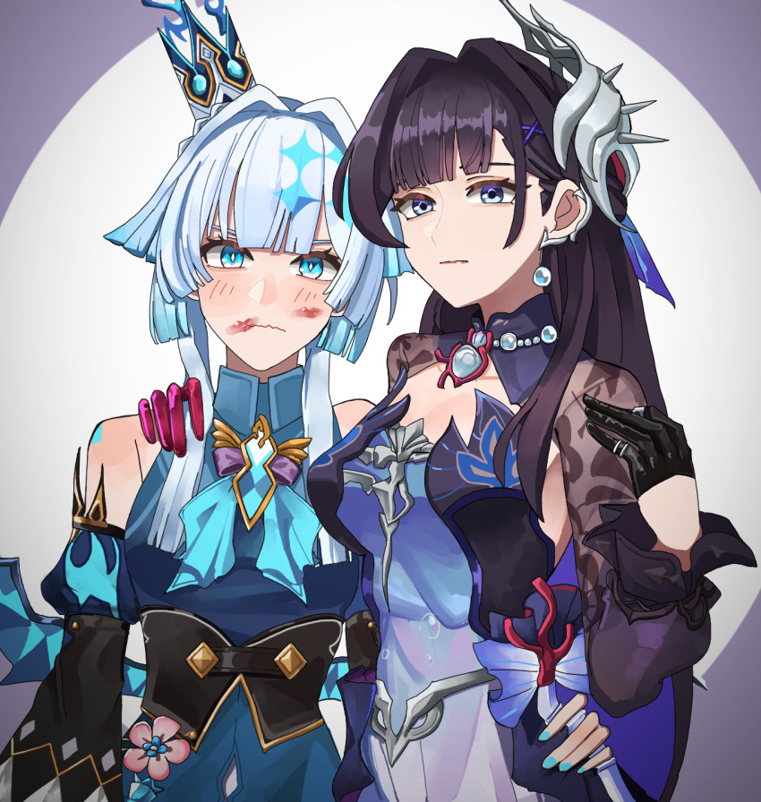 2girls asymmetrical_gloves black_gloves black_hair blue_dress blue_eyes blue_hair blue_nails breasts capkal cerydra_(honkai:_star_rail) commentary_request crown detached_sleeves dress earrings gloves hair_intakes hair_ornament hand_on_another&#039;s_hip hand_on_another&#039;s_shoulder highres honkai:_star_rail honkai_(series) hysilens_(honkai:_star_rail) jewelry large_breasts lipstick_mark lipstick_mark_on_face long_hair medium_breasts mini_crown mismatched_gloves multiple_girls necklace oval_background purple_gloves upper_body yuri