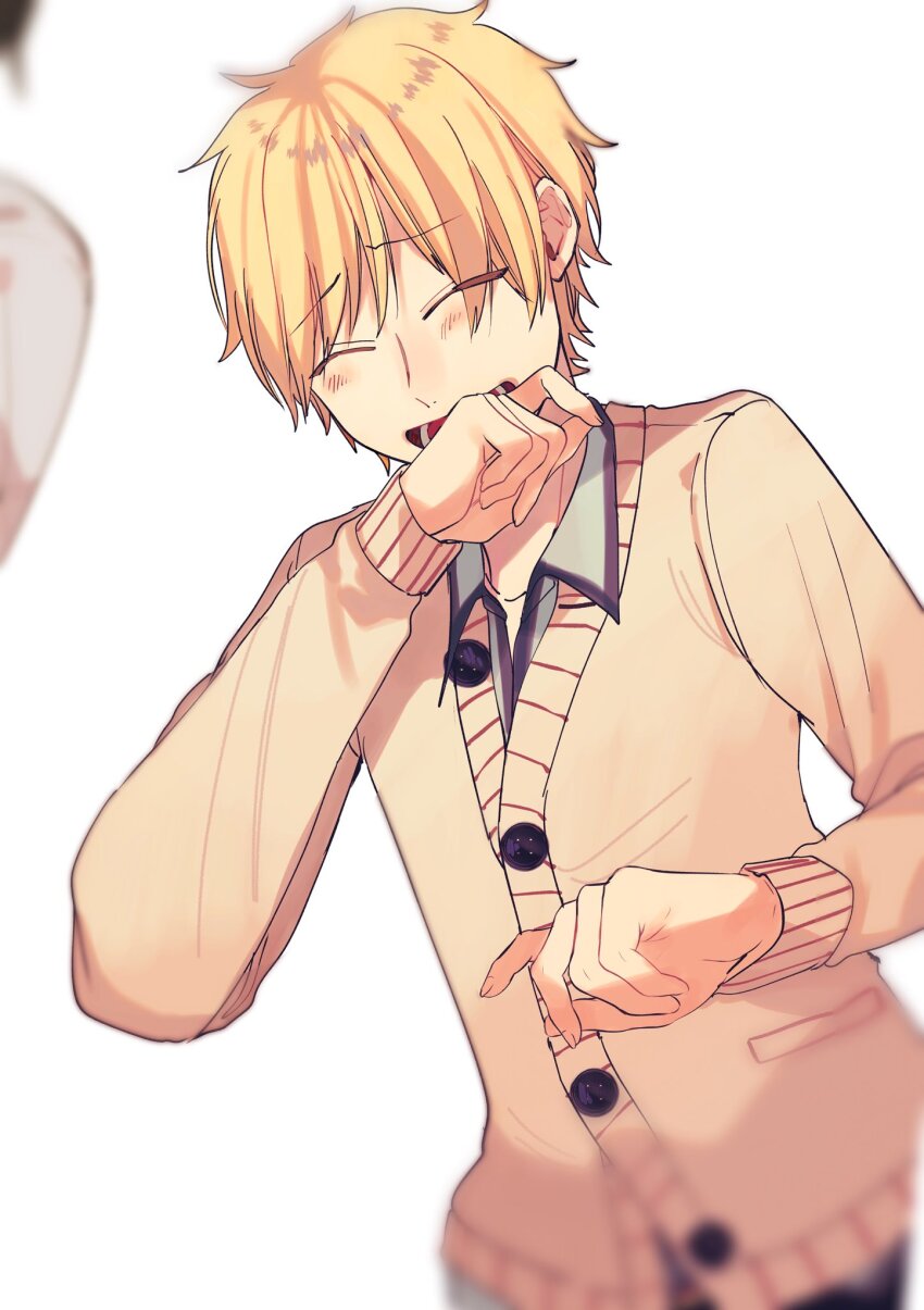 1boy youkai_gakkou_no_sensei_hajimemashita! blonde_hair blush closed_eyes collared_shirt commentary covering_own_mouth highres laughing male_focus open_mouth sano_mikoto school_uniform shirt short_hair simple_background solo sweater tanaka_mai white_background yellow_sweater youkai_gakkou_no_sensei_hajimemashita!