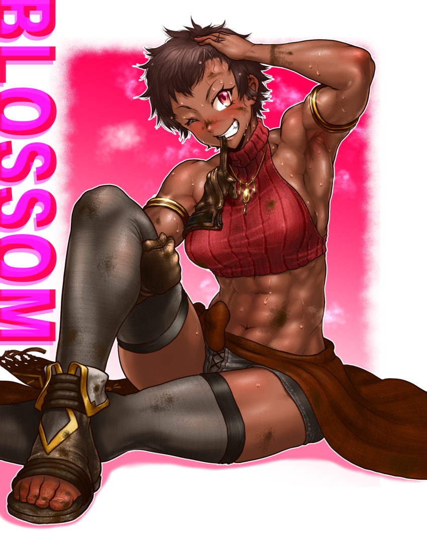 1girl abs armlet armpits asymmetrical_gloves black_sandals black_thighhighs blossom_(lv2_cheat) blush boro brown_gloves brown_hair character_name crop_top dark-skinned_female dark_skin denim denim_shorts dirty dirty_clothes dirty_face dirty_feet full-face_blush glove_in_mouth gloves grabbing_own_thigh hand_in_own_hair highres jewelry knee_up lv2_kara_cheat_datta_moto_yuusha_kouho_no_mattari_isekai_life mouth_hold muscular muscular_female necklace one_eye_closed open_mouth pink_eyes sandals short_hair short_shorts shorts simple_background sitting smile solo sweat teeth thighhighs toes toned toned_female unworn_gloves