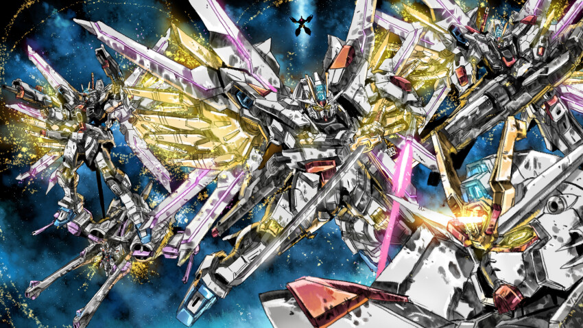 absurdres freedom_gundam garimpeiro glowing glowing_eyes gundam gundam_seed gundam_seed_destiny gundam_seed_freedom highres mecha mecha_focus mecha_request mechanical_wings meteor_(gundam) mighty_strike_freedom_gundam no_humans robot science_fiction space strike_freedom_gundam wings yellow_eyes