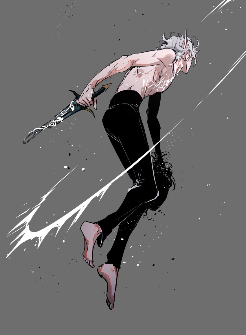 1boy 6cheetah absurdres arm_up astarion baldur&#039;s_gate baldur&#039;s_gate_3 barefoot black_pants commentary dungeons_&amp;_dragons dungeons_&amp;_dragons from_behind full_body grey_background highres holding holding_sword holding_weapon korean_commentary male_focus pants pointy_ears short_hair simple_background single_bare_shoulder solo sword tendril topless_male weapon white_hair