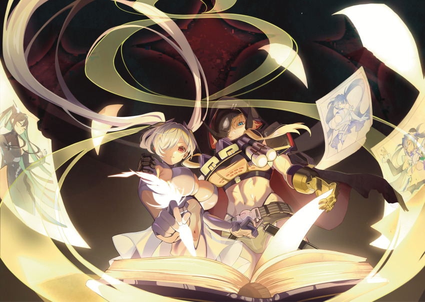 2girls abs absurdres arm_warmers armor armpit_cutout bare_shoulders belt black_belt black_cloak black_gloves blonde_hair blue_eyes bodysuit book breasts broken_mask buckle cinderella_(nikke) cleavage cleavage_cutout cloak closed_mouth clothing_cutout commentary cropped_shirt exposed_pocket gloves goddess_of_victory:_nikke grave_(nikke) gretel_(nikke) hair_between_eyes hair_over_one_eye hand_on_another&#039;s_shoulder hansel_(nikke) highres holding holding_quill hood hood_up hooded_cloak large_breasts little_mermaid_(nikke) long_hair mask metal_gloves micro_shorts midriff multiple_girls multiple_scars nanashi_(cht48621) navel old_tales_(nikke) open_book paper parted_lips quill red_eyes scar scar_on_stomach see-through_bodysuit see-through_clothes see-through_skirt shorts shoulder_armor sidelocks single_arm_warmer skirt snap-fit_buckle standing stomach_cutout torn_cloak torn_clothes twintails white_bodysuit white_gloves white_hair