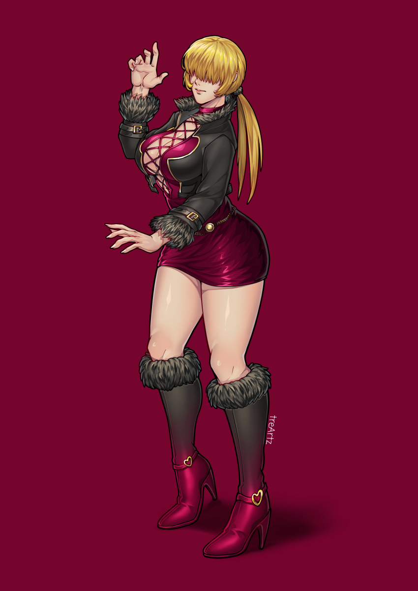 1girl ass blonde_hair boots breasts cleavage_cutout clothing_cutout curvy dress female_focus fishnets fluffy heart heel_up huge_ass huge_breasts jacket large_breasts latex leather long_hair pale_skin ponytail shermie_(kof) shiny_clothes shiny_skin shoes skirt standing the_king_of_fighters thick_thighs thighs treartz twintails wide_hips