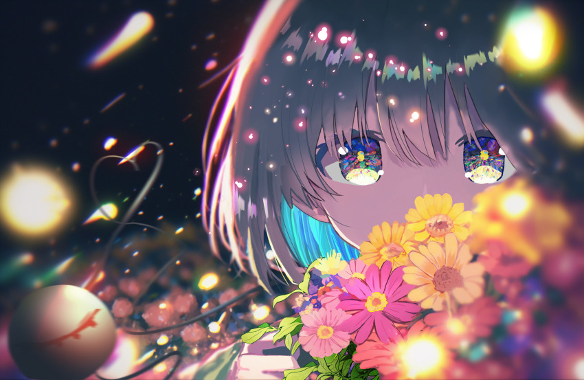 1girl blurry blurry_edges covering_nose covering_own_mouth depth_of_field eye_reflection eyelashes flower garden green_eyes hair_between_eyes heart heart_of_string highres holding holding_flower komeiji_koishi leaf light_rays looking_at_viewer night pink_flower red_flower reflection short_hair solo sparkle straight_hair subterranean_animism third_eye touhou uroam yellow_flower