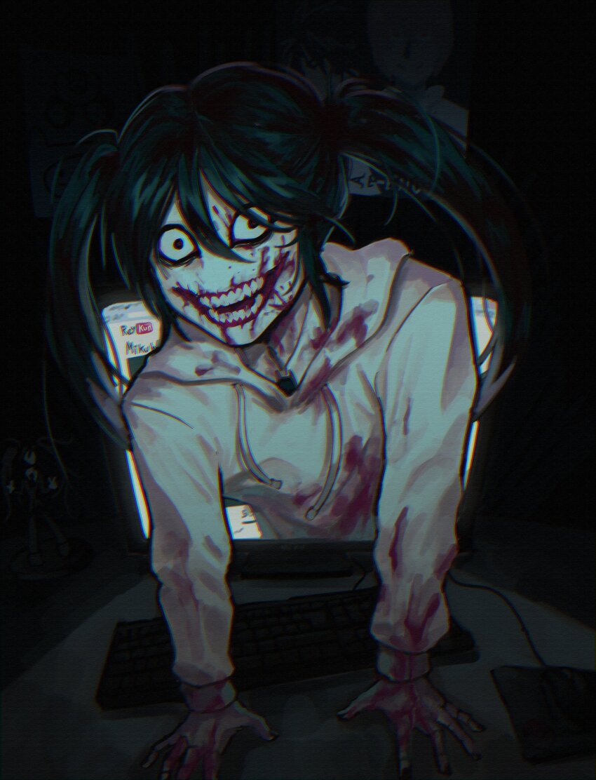 1girl absurdres artist_name blood blood_on_clothes blood_on_face blood_on_hands commentary computer_keyboard computer_mouse crazy_eyes creepypasta english_commentary glasgow_smile green_hair hatsune_miku highres hood hoodie jeff_the_killer monitor parody pov reykun solo through_medium through_screen upper_body vocaloid white_hoodie youtube
