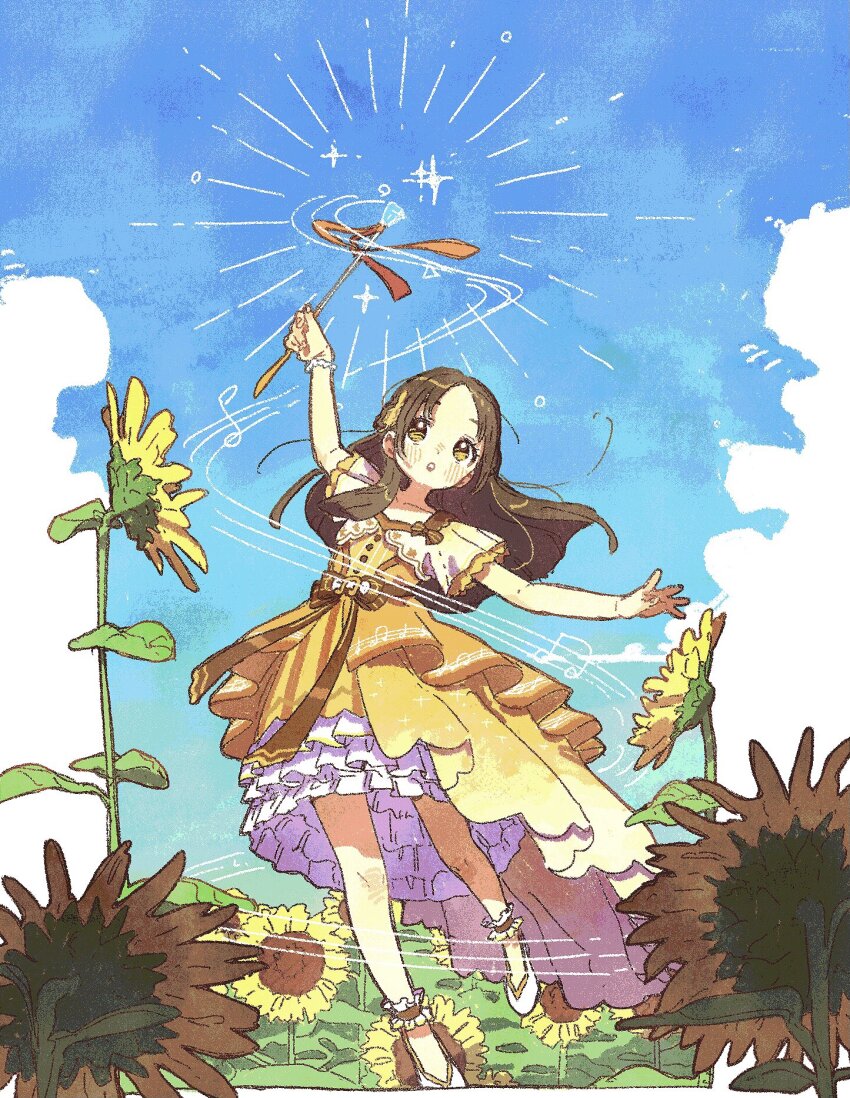 1girl ankle_strap arm_up blue_sky blush bow bracelet brown_bow brown_eyes brown_hair cloud collarbone cumulonimbus_cloud dress floating_hair flower frilled_dress frills full_body gakuen_idolmaster hair_ornament highres holding holding_wand idolmaster jewelry kuramoto_china long_hair looking_up musical_note nama_udon open_mouth orange_dress outdoors outstretched_arm parted_bangs shoes short_sleeves sky solo sparkle standing standing_on_one_leg summer sunflower very_long_hair waist_bow wand wonder_scale_(idolmaster) yellow_dress