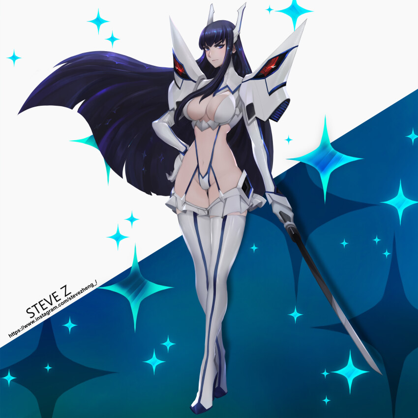 1girl armor artist_name black_hair blue_background blue_eyes breasts floating_hair full_body hand_on_own_hip junketsu katana kill_la_kill kiryuuin_satsuki large_breasts long_hair navel serious star_(symbol) steve_zheng sword thighhighs thong weapon white_background