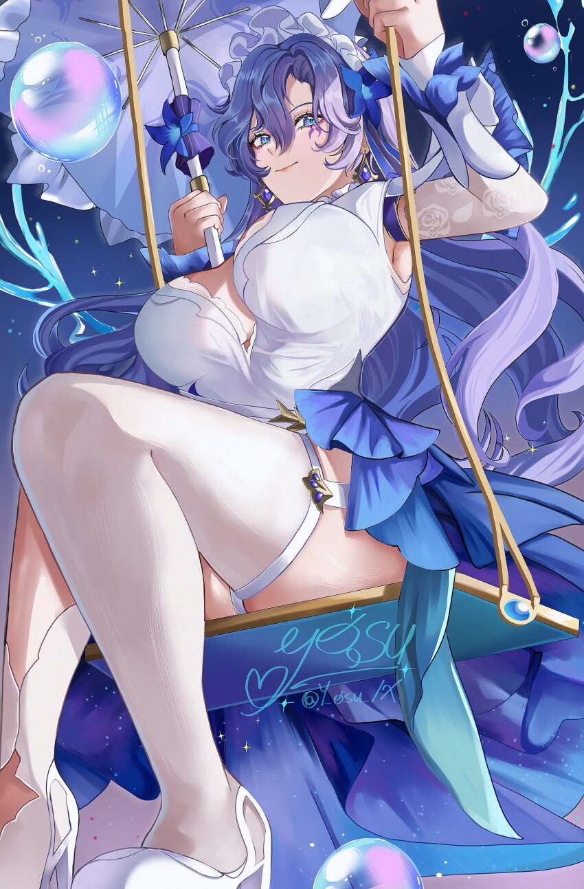 1girl absurdres blue_eyes blue_flower breasts cantarella_(wuthering_waves) closed_mouth commentary dress earrings flower hair_between_eyes hair_flower hair_ornament hashtag-only_commentary headdress highres huge_breasts jewelry looking_at_viewer nail_polish on_swing shoes signature single_thighhigh smile solo swing thighhighs white_dress white_shoes white_thighhighs wuthering_waves y_osu