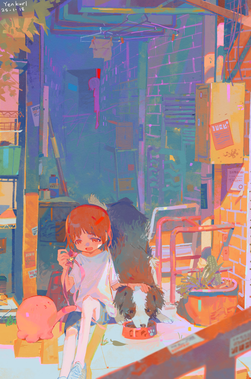 1girl 2025 absurdres artist_name bowl cactus chappy_(takopii_no_genzai) clothes_hanger commentary dated english_commentary highres kuze_shizuka o3o octopus pet_bowl petting short_hair shorts takopii takopii_no_genzai yenkurl
