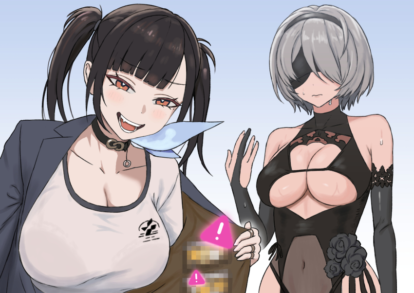 ! 2b_(nier:automata) 2b_(yorha_unofficial_waterfront_gear)_(nikke) 2girls black_flower black_hair black_one-piece_swimsuit black_rose blindfold censored flower goddess_of_victory:_nikke highres mosaic_censoring multiple_girls nier:automata nier_(series) nonotumori official_alternate_costume one-piece_swimsuit orange_eyes rose sora_(nikke) swimsuit upper_body