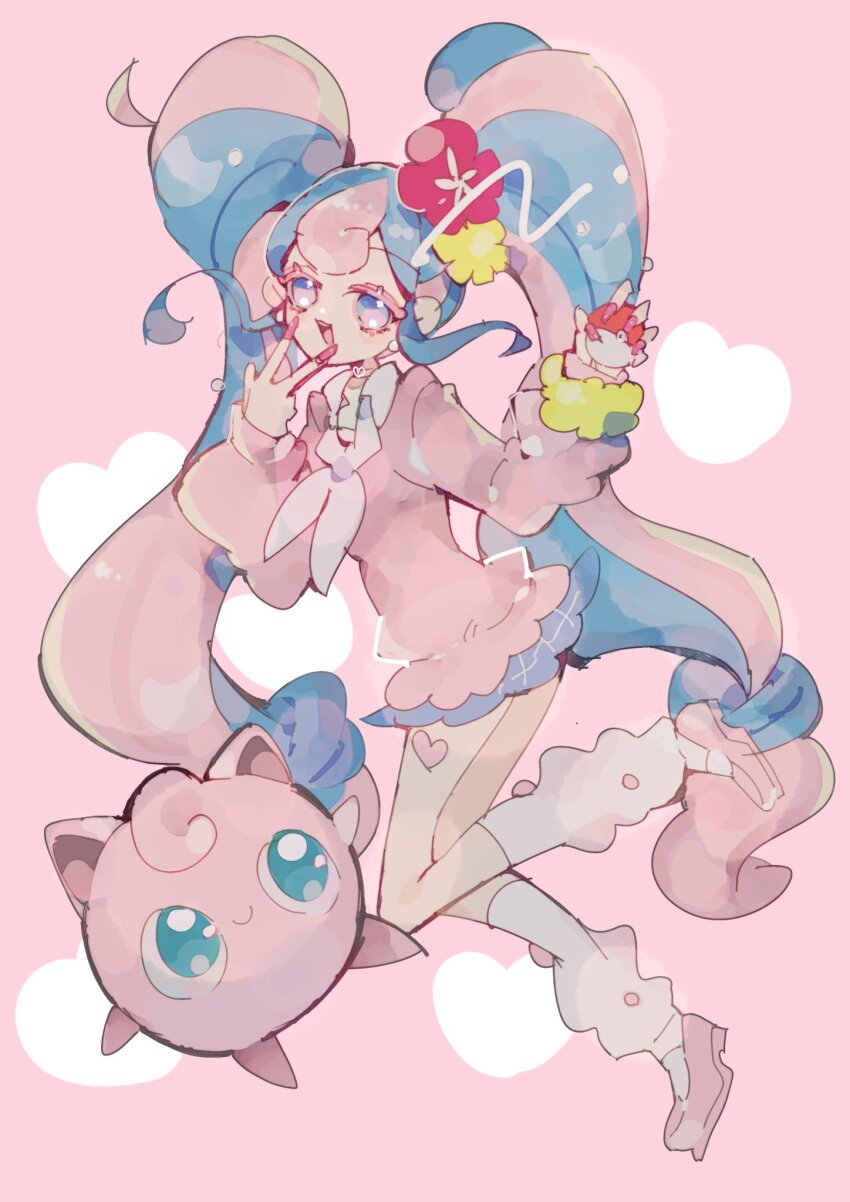 1girl :d blue_eyes blue_hair blue_skirt collared_sweater earrings fairy_miku_(project_voltage) flower full_body gen_1_pokemon hair_flower hair_ornament hatsune_miku highres holding holding_poke_ball jewelry jigglypuff leg_warmers long_hair long_sleeves looking_at_another looking_at_viewer multicolored_hair neckerchief nintendo open_mouth pink_background pink_hair pink_nails pink_shoes pink_sweater poke_ball pokemon pokemon_(creature) project_voltage red_flower scrunchie shoes simple_background skirt smile standing sticker_on_leg sweater twintails two-tone_hair uraura8yama v vocaloid white_leg_warmers white_neckerchief wrist_scrunchie yellow_flower yellow_scrunchie
