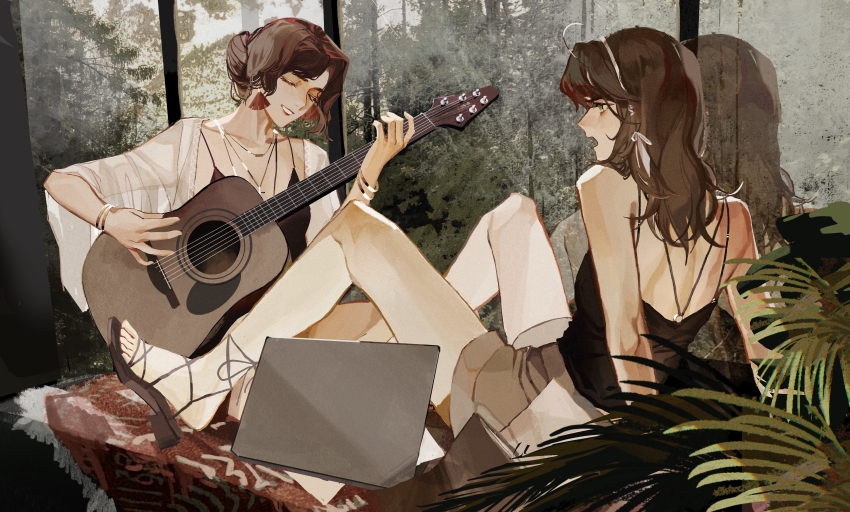 2girls absurdres ahoge axis_powers_hetalia black_camisole bracelet brown_hair camisole cardigan closed_eyes cross cross_necklace genderswap genderswap_(mtf) green_eyes guitar hairband highres holding holding_guitar holding_instrument instrument jewelry knees_up long_hair multiple_girls musan312 necklace open_cardigan open_clothes playing_guitar playing_instrument sandals see-through_cardigan shorts sitting smile southern_italy_(hetalia) spain_(hetalia) updo window