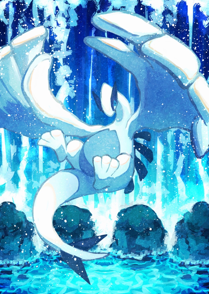 7_phi_3 blue_eyes colored_skin flying gen_2_pokemon highres in-universe_location large_hands legendary_pokemon looking_at_viewer lugia nintendo no_humans outstretched_arms pokemon pokemon_(creature) pokemon_focus rock solo spines tail water waterfall whirl_islands_(pokemon) white_skin