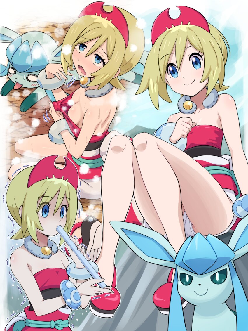 1girl absurdres blonde_hair blue_eyes blush bracelet breasts closed_mouth eyelashes flute gen_4_pokemon glaceon hair_between_eyes hairband highres instrument irida_(pokemon) jewelry looking_at_viewer neck_ring nintendo open_mouth pokemoa pokemon pokemon_(creature) pokemon_legends:_arceus red_hairband red_shirt sash shirt short_hair shorts smile solo strapless strapless_shirt white_shorts