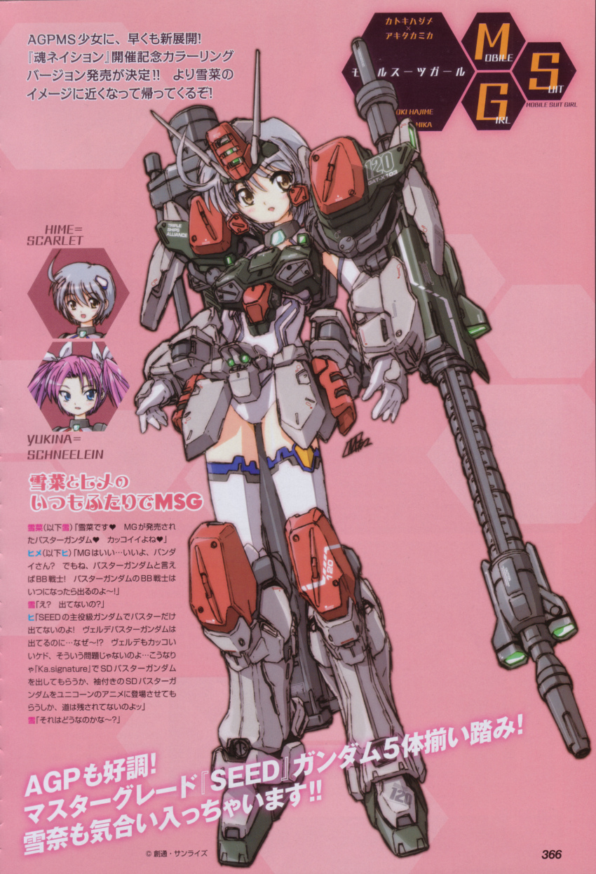 1girl absurdres akitaka_mika armor armor_girls_project artist_collaboration buster_gundam cannon grey_hair gundam gundam_girl gundam_seed highres katoki_hajime mecha_musume thighhighs white_thighhighs