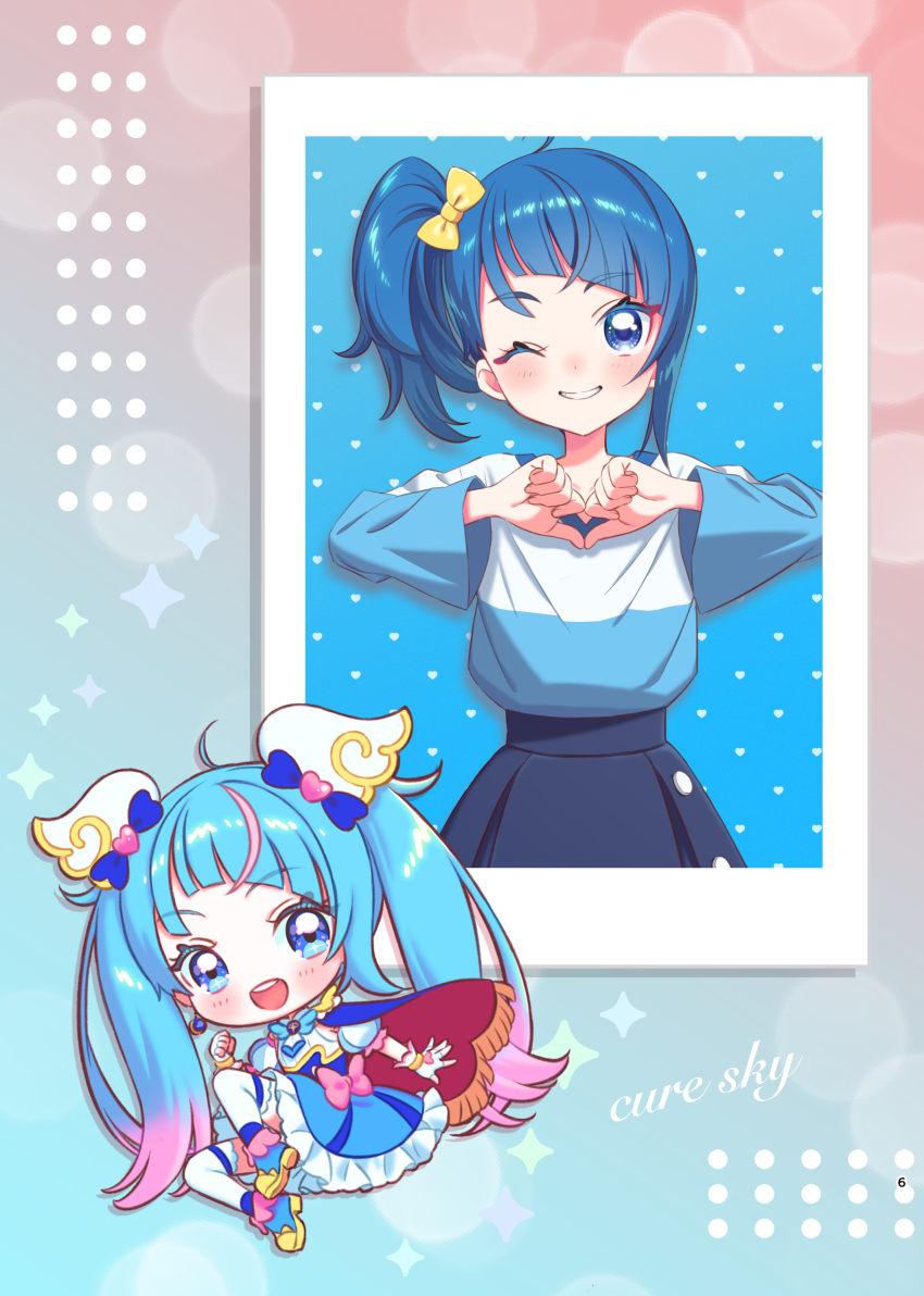 1girl absurdres ankle_boots blue_cape blue_dress blue_eyes blue_footwear blue_hair blue_shirt blue_skirt boots bow brooch bun_(jewd5385) cape casual character_name chibi clenched_hand commentary_request cure_sky cut_bangs detached_sleeves dress dress_bow earrings fingerless_gloves floating frilled_dress frills fringe_trim gloves gradient_hair grin hair_bow highres hirogaru_sky!_precure jewelry knees_up long_hair long_sleeves magical_girl medium_dress medium_hair multicolored_hair multiple_views one_eye_closed open_mouth pink_bow pink_hair pleated_skirt pointing pointing_at_self precure puffy_detached_sleeves puffy_sleeves red_cape shirt single_earring single_sidelock skirt sleeveless sleeveless_dress smile sora_harewataru standing streaked_hair t-shirt thighhighs twintails two-sided_cape two-sided_fabric two-tone_dress two-tone_hair two-tone_shirt very_long_hair white_dress white_gloves white_shirt white_thighhighs wing_brooch yellow_bow