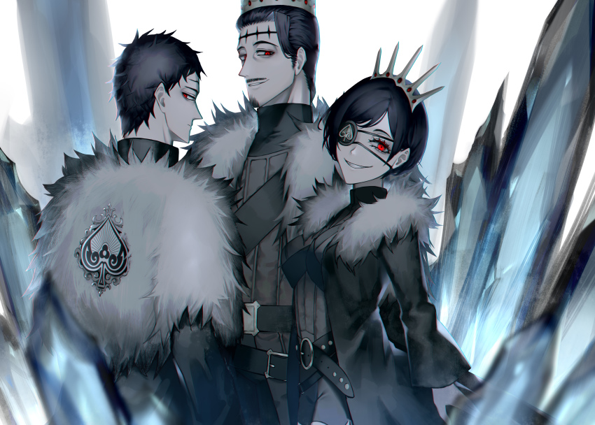 1girl 2boys absurdres belt belt_buckle black_belt black_clover black_hair black_shirt breasts brown_jacket brown_vest buckle cape chest_harness coat crown crystal dante_zogratis expressionless eyepatch facial_hair facial_mark frit_2 fur_cape fur_coat fur_collar fur_trim gem goatee hair_behind_ear hair_slicked_back harness high_collar highres insignia jacket long_bangs looking_at_viewer miniskirt multiple_belts multiple_boys mustache open_clothes open_jacket parted_bangs red_eyes red_gemstone shirt short_hair shoulder_strap siblings sideburns skirt smile smirk spade_(shape) tiara vanica_zogratis vest zenon_zogratis