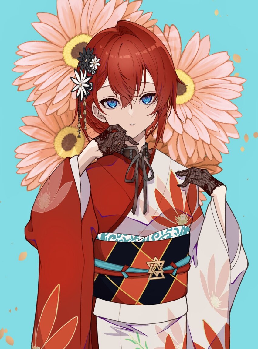 1girl ange_katrina ange_katrina_(new_year) aqua_background black_flower black_gloves black_sash blue_eyes braid cowboy_shot crossed_bangs double-parted_bangs eyelashes floral_background flower furisode gerbera gloves hair_between_eyes hair_flower hair_intakes hair_ornament half_gloves hands_up haruwo highres japanese_clothes kanzashi kimono lace lace_gloves long_sleeves looking_at_viewer multicolored_sash nijisanji obi obiage obidome obijime orange_sash parted_lips pink_flower red_hair red_kimono red_sash sash short_hair solo tsumami_kanzashi virtual_youtuber white_background white_flower white_kimono