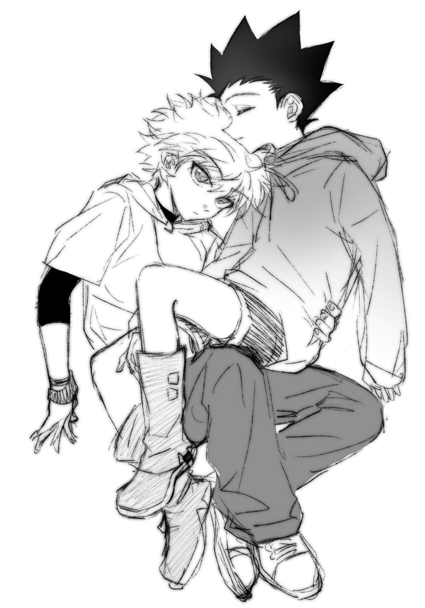 2boys boots bracelet closed_eyes closed_mouth commentary crossed_ankles full_body gelb gon_freecss hashtag-only_commentary highres hood hood_down hoodie hunter_x_hunter jewelry killua_zoldyck long_sleeves looking_at_another looking_up male_focus multiple_boys pants profile shoes short_hair short_sideburns short_sleeves shorts simple_background sitting sitting_on_lap sitting_on_person sneakers spiked_hair white_background