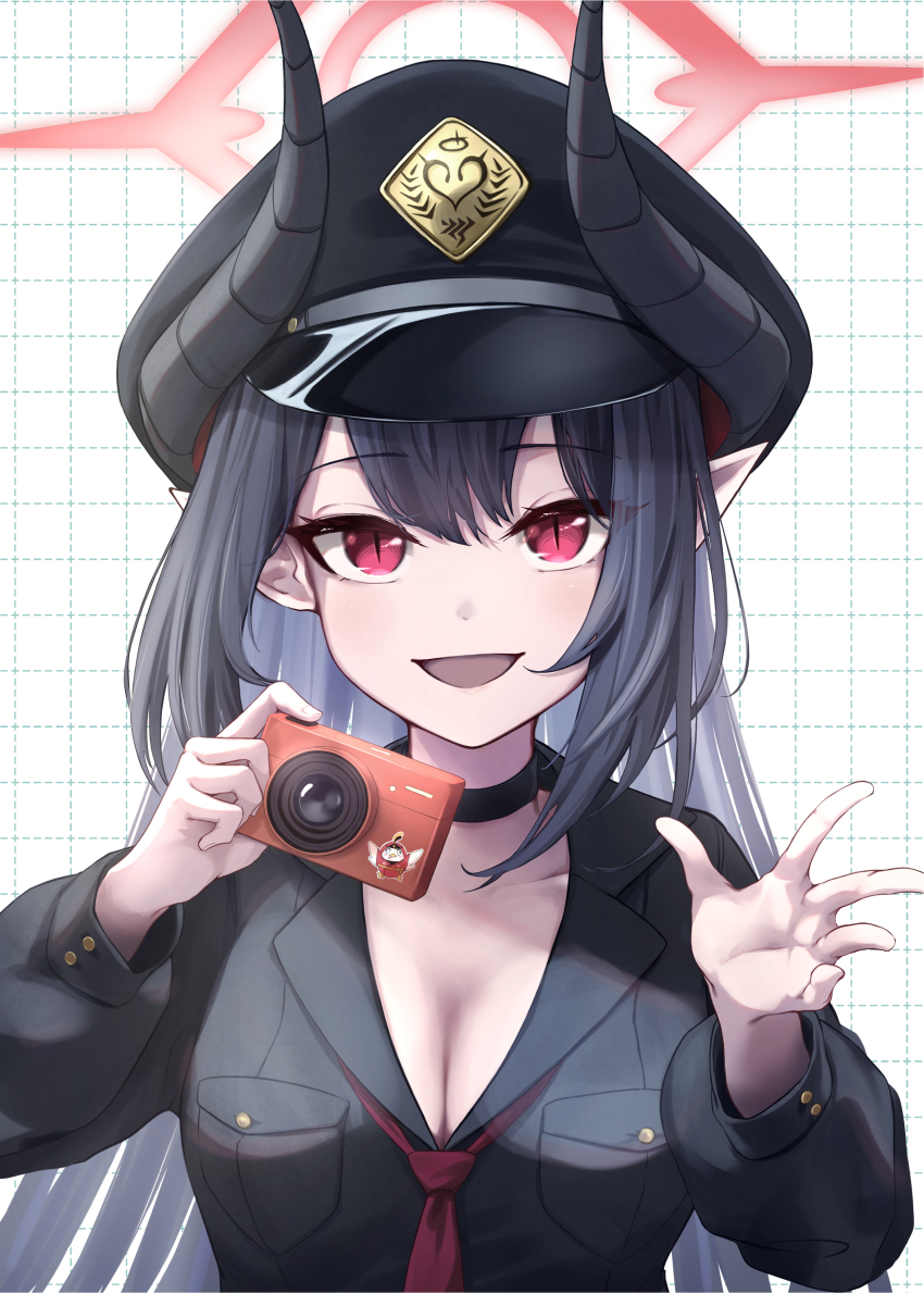 1girl :d absurdres black_choker black_hair black_hat black_horns black_shirt blue_archive blush breasts camera chiaki_(blue_archive) choker cleavage collarbone collared_shirt commentary_request curved_horns demon_girl demon_horns eyelashes hair_between_eyes halo hands_up happy hat highres holding holding_camera horns kokage_yugure long_hair long_sleeves looking_at_viewer medium_breasts necktie open_mouth outstretched_hand partial_commentary peaked_cap pointy_ears puffy_long_sleeves puffy_sleeves red_eyes red_halo red_necktie school_uniform shirt sidelocks simple_background slit_pupils smile solo straight_hair textless_version tsurime upper_body upturned_eyes very_long_hair white_background