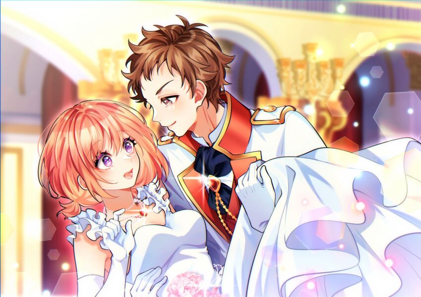 1boy 1girl arch ascot blue_ascot blurry blurry_background brown_eyes carrying collared_shirt commentary dress elbow_gloves enomoto_koutarou eye_contact gem glint gloves gold_trim hair_between_eyes hetero hexagon highres honeyworks indoors jacket jewelry kokuhaku_jikkou_iinkai long_dress looking_at_another mandarin_collar multicolored_jacket necklace open_mouth palace pearl_necklace pink_hair princess_carry purple_eyes red_gemstone romeo_(vocaloid) setoguchi_hina shirt short_hair sleeveless sleeveless_dress smile sophia_pie_12 surprised upper_body vocaloid white_dress white_gloves white_jacket white_shirt