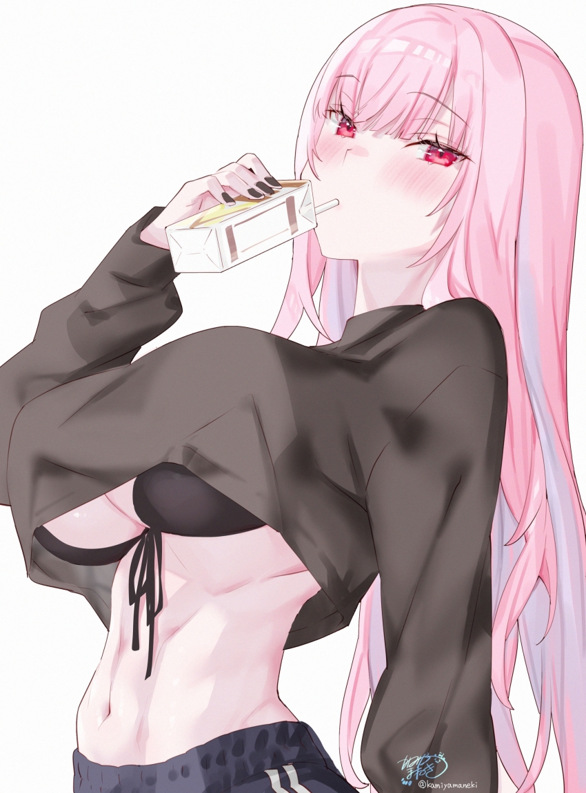 1girl absurdres bikini black_bikini black_jacket black_nails black_pants blush breasts drinking drinking_straw front-tie_bikini_top front-tie_top highres hololive hololive_english jacket kamiya_maneki large_breasts long_hair long_sleeves looking_at_viewer mori_calliope navel pants pink_eyes pink_hair signature simple_background solo stomach swimsuit twitter_username upper_body virtual_youtuber white_background