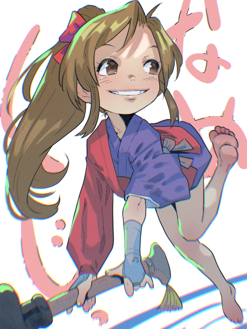 1girl armor asymmetrical_sleeves bare_legs barefoot brown_eyes brown_hair feet female_focus grin hair_ribbon highres holding japanese_armor japanese_clothes kimono kote long_hair looking_to_the_side multicolored_kimono ponytail purple_kimono red_kimono red_ribbon ribbon short_kimono sidelocks simple_background smile solo soon_(c-u-soon) teeth tengai_makyou toes tsunade_(tengai_makyou) uneven_sleeves white_background
