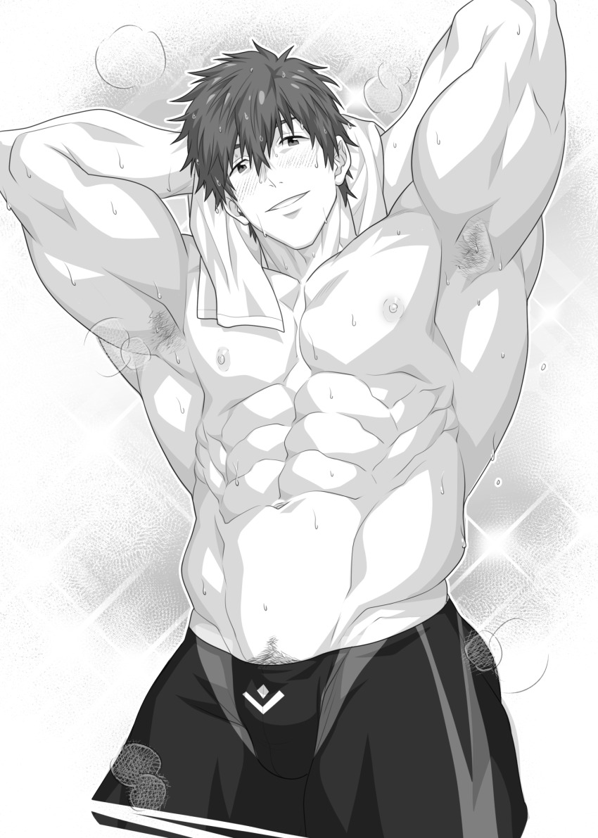 1boy abs armpit_hair armpits arms_behind_head bara blush free! greyscale hifumi_(3b_x) highres holding holding_towel large_pectorals looking_at_viewer male_focus male_swimwear monochrome muscular muscular_male navel nipples pectorals short_hair smile solo tachibana_makoto towel