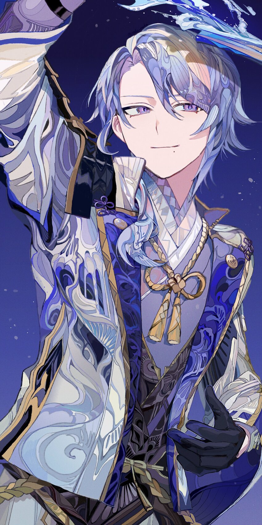 1boy absurdres agemaki_knot arm_up armor asymmetrical_hair black_armor black_corset black_gloves blue_hair chinese_knot commentary corset facing_viewer flower_knot genshin_impact gloves gold_trim gradient_background hand_up haran_geppaku_futsu_(genshin_impact) highres holding holding_sword holding_weapon jacket japanese_armor japanese_clothes kamisato_ayato liquid_weapon long_sleeves looking_to_the_side male_focus medium_hair mole mole_under_mouth pants patterned_clothing patterned_hair purple_background purple_eyes purple_shirt shirt shoulder_armor single_sode smile solo sword tassel two-sided_fabric two-sided_jacket weapon white_jacket white_pants yadu_nadu