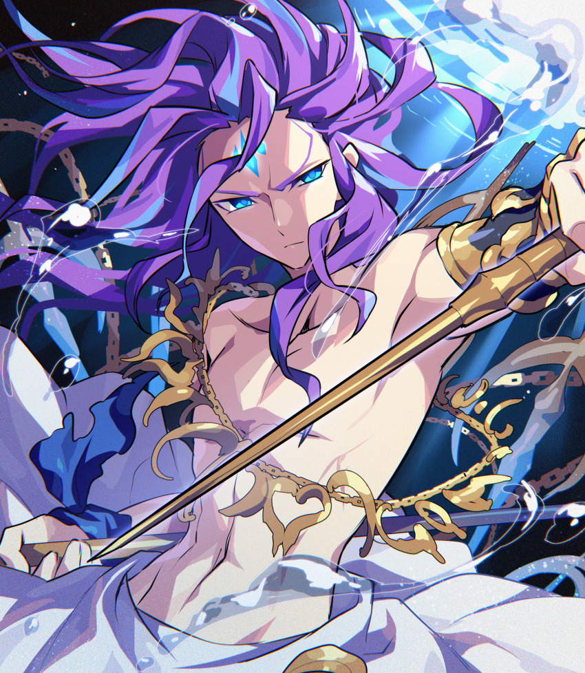 1boy absurdres angry blue_eyes bubble chain chain_belt character_request facial_mark forehead_mark frown highres holding holding_polearm holding_weapon kozakura_(dictionary) long_hair looking_at_viewer male_chest male_focus pectorals polearm purple_hair puzzle_&amp;_dragons sidelocks solo underwater weapon