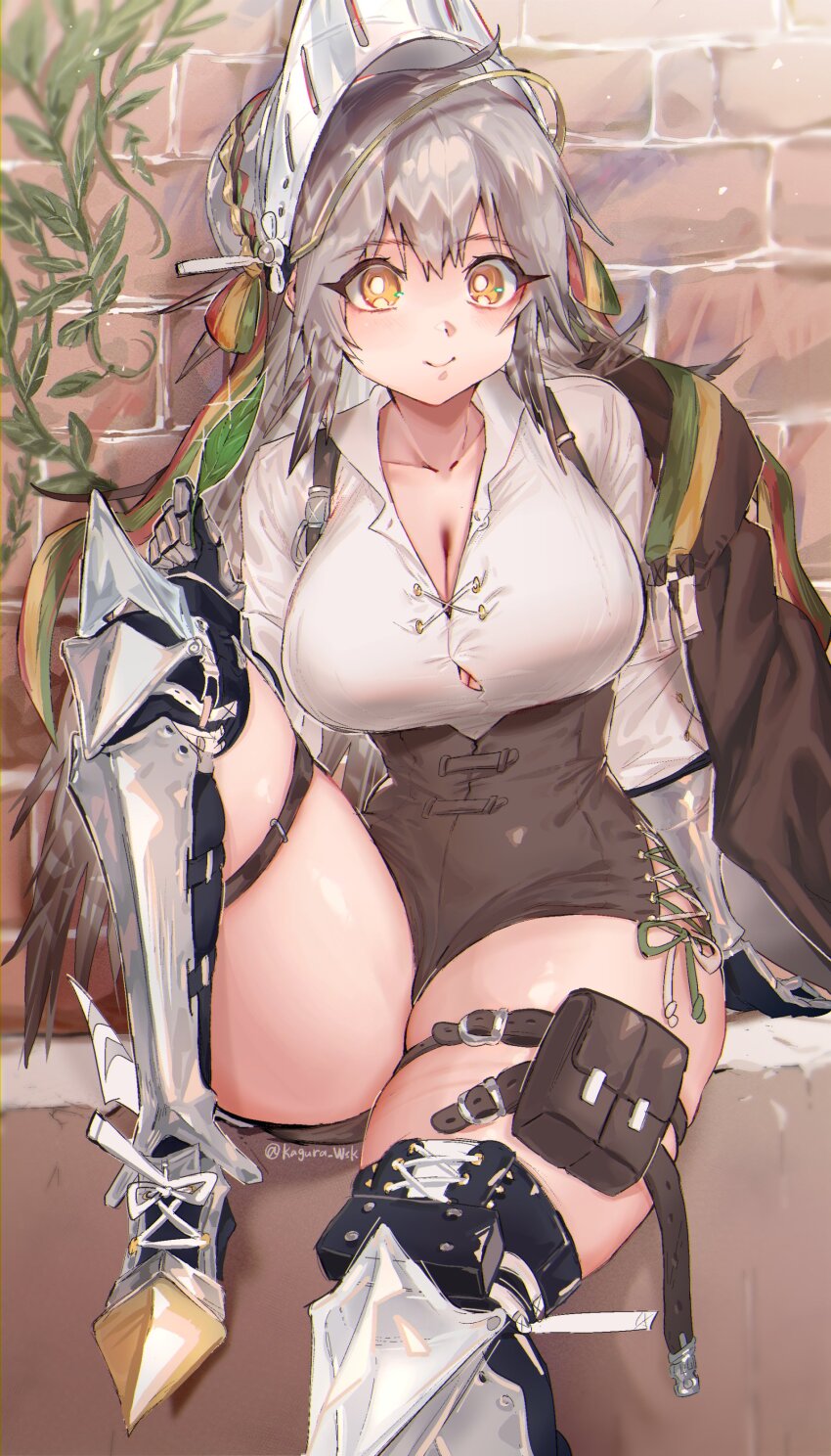 1girl absurdres arknights armored_boots bird_girl black_shorts boots breasts brick_wall cleavage closed_mouth collarbone commentary cross-laced_clothes cross-laced_shorts day fartooth_(arknights) feather_hair foot_out_of_frame gauntlets grey_hair high-waist_shorts highres kaguura_(kagu) knee_armor knee_up large_breasts long_hair multicolored_ribbon outdoors plant pouch ribbon shirt short_shorts shorts sitting smile solo striped_ribbon suspender_shorts suspenders thick_thighs thigh_pouch thigh_strap thighs twitter_username vines visor_(armor) visor_lift white_shirt yellow_eyes