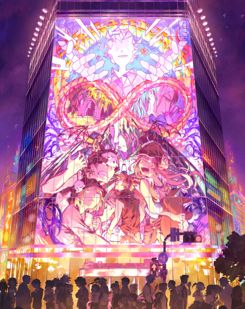 4girls 6+boys absurdres banchagu bandana beanie bito_daisukenojo bito_raimu blonde_hair brown_hair building fangs frown hat higashizawa_yodai highres infinity_symbol kariya_koki kiryu_yoshiya knight konishi_mitsuki lights looking_to_the_side looking_up minamimoto_sho misaki_shiki multiple_boys multiple_girls nyantan open_mouth people pink_hair red_hair road_sign sakuraba_neku shibuya_(tokyo) sign skull stuffed_toy subarashiki_kono_sekai teeth text_messaging tokyo_(city) walking white_hair yashiro_uzuki