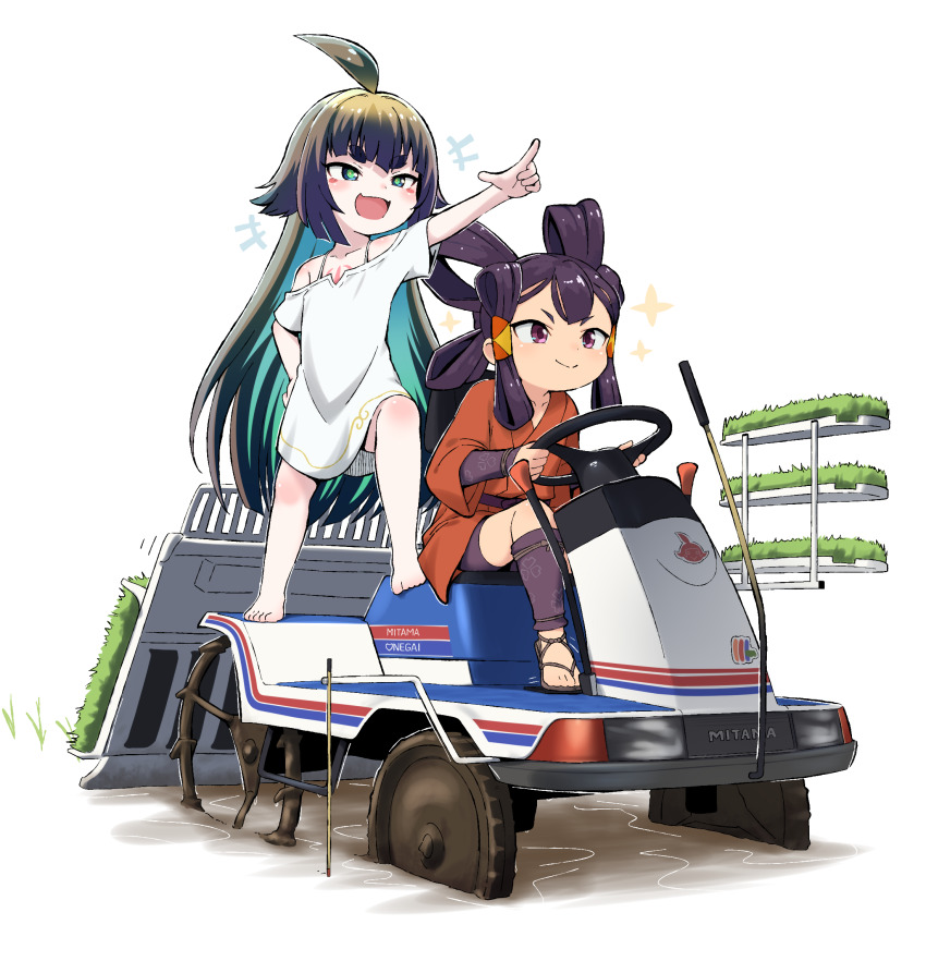 2girls :d ahoge bike_shorts black_hair blue_hair center-flap_bangs child colored_inner_hair commentary crossover english_commentary green_eyes hair_flaps highres hikimayu japanese_clothes kaminaki_sekai_no_kamisama_katsudou kimono long_hair mitama_(kamikatsu) mizura multicolored_hair multiple_girls open_mouth pointing purple_eyes purple_hair red_kimono rice_transplanter sakuna-hime shino_(shinokani) simple_background sitting smile spaghetti_strap standing tensui_no_sakuna-hime tractor very_long_hair waraji water white_background