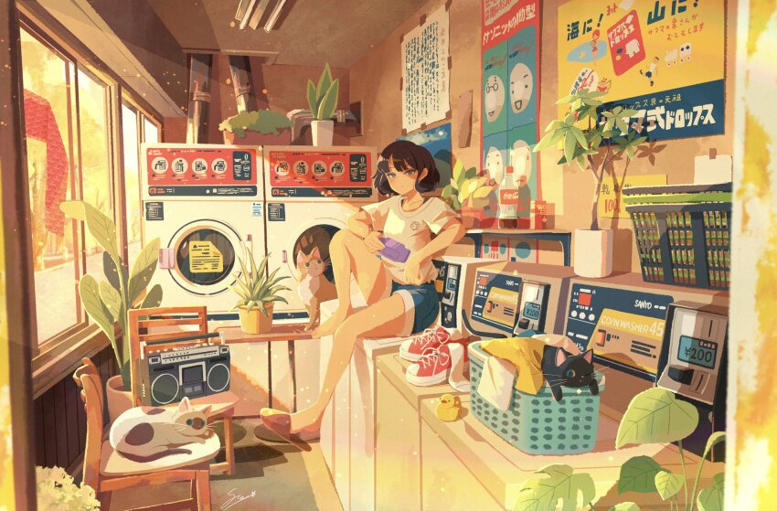 1girl atelier_umiyury blue_shorts brown_hair cassette_player cat commentary handheld_game_console highres holding holding_handheld_game_console laundromat laundry laundry_basket original plant poster_(object) potted_plant rubber_duck shirt short_hair short_sleeves shorts sitting slippers solo sunlight t-shirt top-load_washing_machine washing_machine white_shirt window
