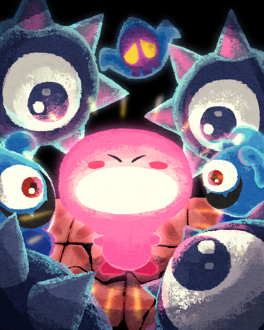 blush_stickers character_request closed_eyes ghost highres kirby kirby_(series) kirby_and_the_forgotten_land light light-bulb_mouth light_bulb miclot mouthful_mode nintendo no_humans open_mouth pink_shoes shoes spikes