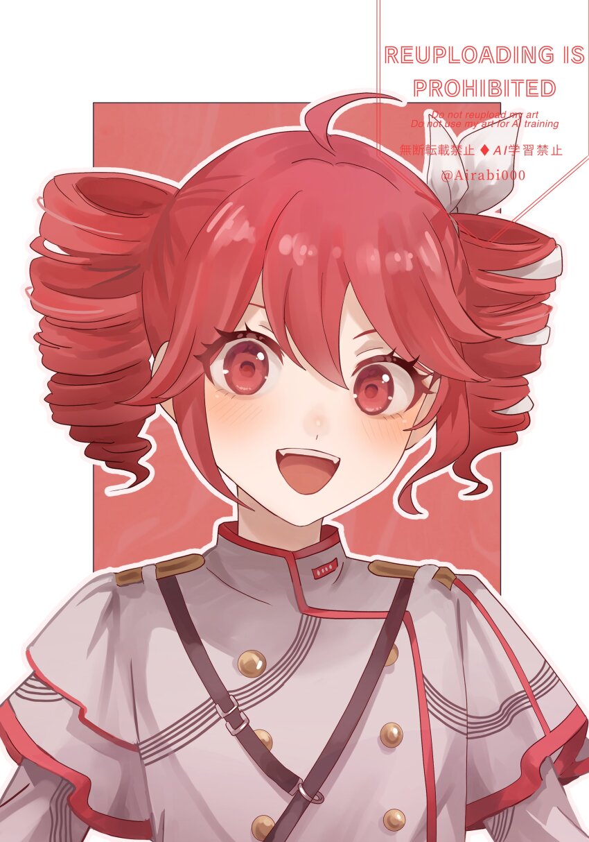 1girl absurdres ahoge airabi blush border bow buttons double-breasted drill_hair grey_jacket hair_between_eyes hair_bow hashtag-only_commentary highres jacket kasane_teto kasane_teto_(sv) looking_at_viewer musical_staff musical_staff_print open_mouth outline red_background red_eyes red_hair red_trim shoulder_belt shoulder_boards sidelocks solo striped_clothes striped_jacket synthesizer_v teeth twin_drills twitter_username upper_body upper_teeth_only utau watermark white_border white_bow white_outline