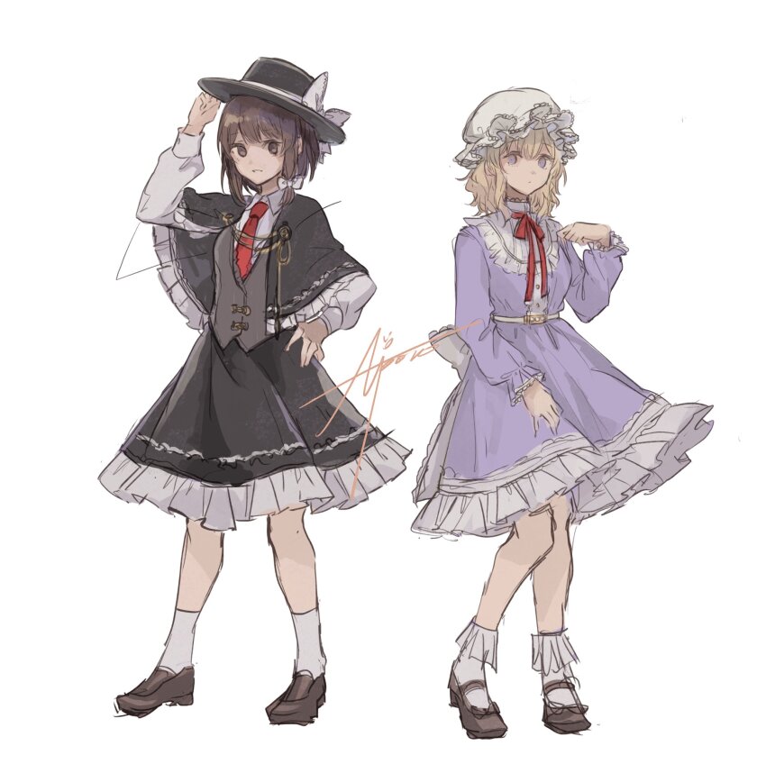 2girls arm_up artist_name black_capelet black_eyes black_hair black_hat black_shoes black_skirt blonde_hair bobby_socks capelet collar dress frilled_capelet frilled_collar frilled_hat frilled_skirt frilled_sleeves frills gensou_aporo grey_vest hand_on_headwear hand_on_own_hip hand_up hat highres long_sleeves looking_at_viewer maribel_hearn mob_cap multiple_girls neck_ribbon necktie parted_lips pink_dress purple_eyes red_necktie red_ribbon ribbon shirt shoes short_hair signature simple_background skirt smile socks touhou usami_renko vest white_background white_hat white_shirt white_socks