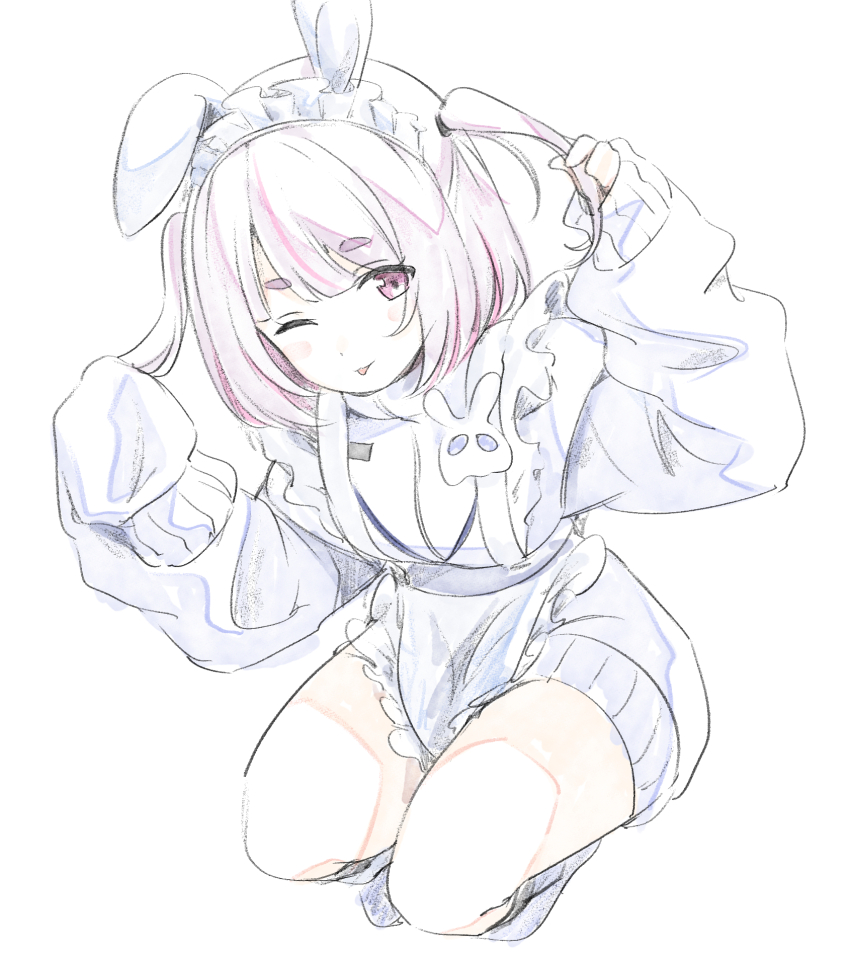 1girl alternate_hair_length alternate_hairstyle animal_ears apron blue_footwear blue_jacket cattleya_regina_games fake_animal_ears frilled_apron frills full_body hand_in_own_hair hands_up highres jacket jersey_maid light_smile maid maid_apron maid_headdress moon multicolored_hair official_alternate_costume one_eye_closed pink_eyes pink_hair purple_hair rabbit_tail short_eyebrows short_hair simple_background sketch solo squatting streaked_hair tail tongue tongue_out tosaki_mimi tosaki_mimi_(4th_costume) track_jacket twintails two-tone_hair unconventional_maid unongkong virtual_youtuber vspo! waist_apron white_apron white_background white_headdress